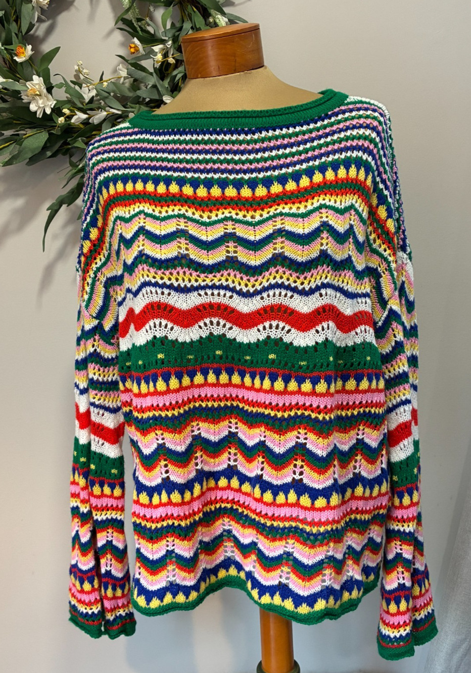 Colorful Crochet Knit Chevron Sweater Boho Festival Stripe Crewneck Pullover